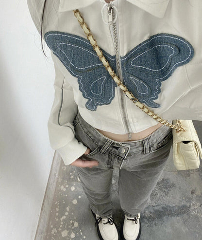 Harajuku Turn-down Collar Zip Up Jacket Women Crop Tops Y2k Vintage Butterfly Embroidery Denim Patchwork Jacket Coat Streetwear