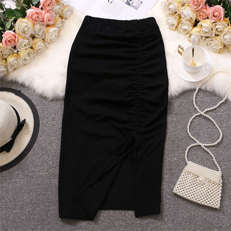 maoxiangshop Women Solid Drawstring Sheath Skirts Elastic High Waist Female Fashion Bodycon Irregular Midi Pencil Skirts