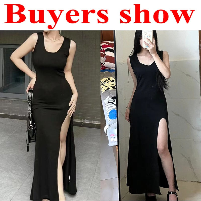 Black Sleeveless Strap Dress Women Sexy Slim Fit Side Slit Irregular Maxi Dress woman Summer Korean Simple One piece Dresses