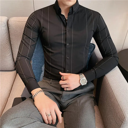 maoxiangshop Mens Shirts Autumn New Long Sleeve Stripe Dress Shirt Solid Casual Formal Wear Slim Fit Chemise Homme Camisas Men Clothing