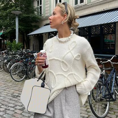 maoxiangshop  -  Fashion Casual Pullovers For Women Solid Color Round Neck Long Sleeve Knitted Sweater Loose Female 2024 Autunn Winter New