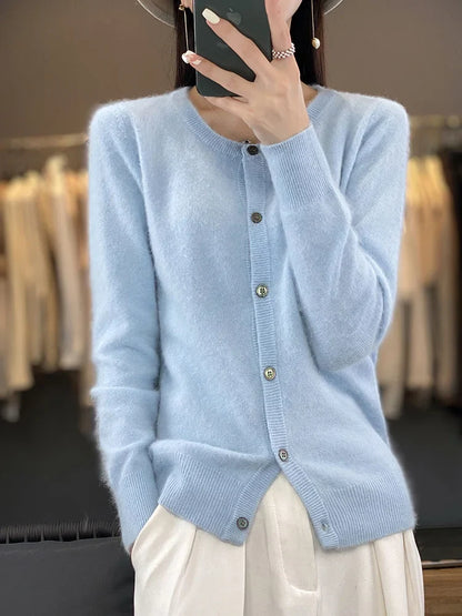 maoxiangshop Aliselect Women Cardigan Super Warm Pure Mink Cashmere Sweaters O-neck Loose Female Clothes Ladies' Solid Color Knitwear Tops