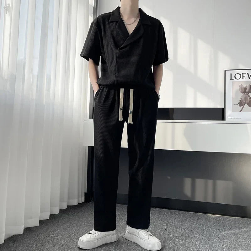 maoxiangshop Summer Pleated Sets Men Fashion Casual Short Sleeved T shirt/Trousers Two-piece Mens Korean Loose Ice Silk Sets Men 3-color