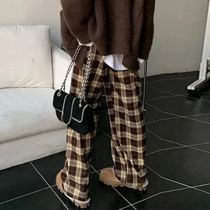 maoxiangshop High Waist Women's Brown Plaid Pants Streetwear Oversize Wide Leg Checkered Trousers Woman Loose Y2K Retro Sweatpants Mujer