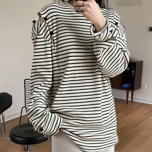 maoxiangshop Spring And Autumn Women's Casual Striped Sweatshirt Round Neck Long-sleeved Off-the-shoulder Loose Sweater