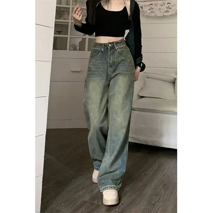 maoxiangshop1 Vintage 90S Baggy Straight Denim Trousers Female Y2K High Waist Loose Wide Leg Jeans Women Streetwear All-Match Casual Pants New