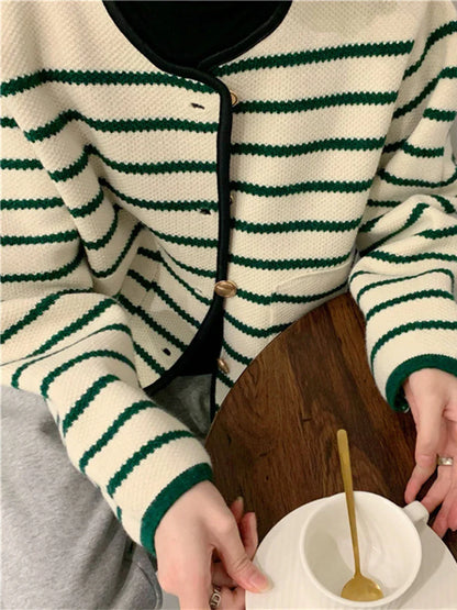 maoxiangshop  -  Striped Contrast Cardigan Women Autumn New Single Breasted O Neck Sweaters Casual Fashion Long Sleeve Knitted Outerwear 2024