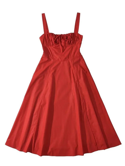 Chu Sau beauty 2024 Women Fashion Sweet Bow Tie French Midi Dress Cute Square Collar Sexy Slim Backless Split Straped Dresses