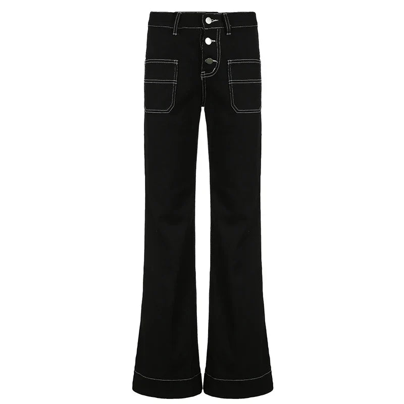 Streetwear Stitching Black Women Jeans Boot Cut Buttons Casual Harajuku Pockets Gothic Dark Low Waist Denim Trousers