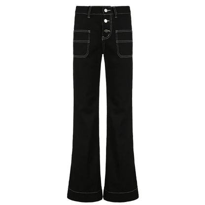 Streetwear Stitching Black Women Jeans Boot Cut Buttons Casual Harajuku Pockets Gothic Dark Low Waist Denim Trousers