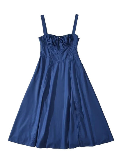 Chu Sau beauty 2024 Women Fashion Sweet Bow Tie French Midi Dress Cute Square Collar Sexy Slim Backless Split Straped Dresses