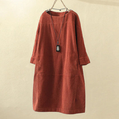 maoxiangshop Women Vintage Pockets Corduroy Solid Color Long Sleeve Loose Casual Dress vestido feminino party dresses Women's dress