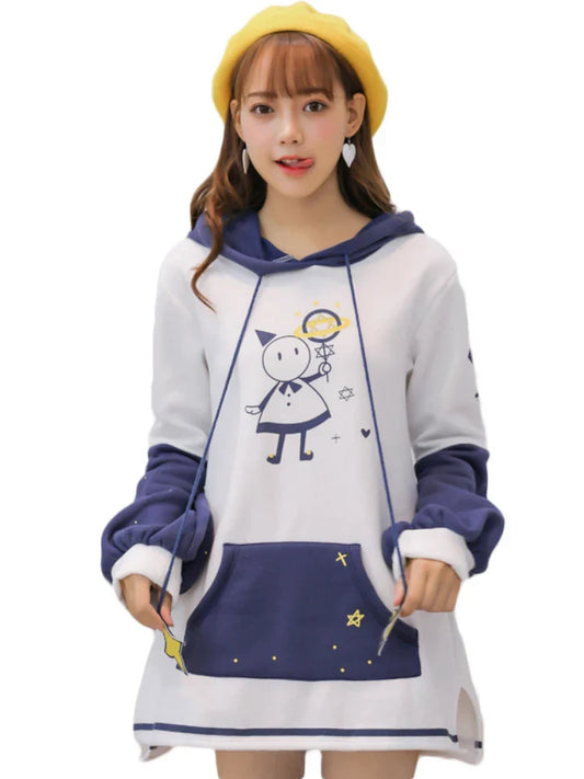 Women Hoodies Sweatshirts Cartoon Snowman Sweet White Long Hoodie Hooded Sweatshirt Dress Cute Female Pullovers