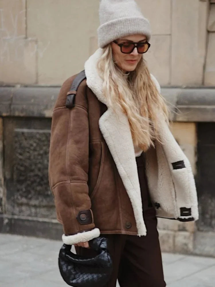 maoxiangshop  -  Winter Thick Faux Leather Spliced Jacket Women Casual Loose Long Sleeve Single Breasted Lapel Coat Winter Warm Street Streetwear