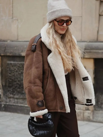 maoxiangshop  -  Winter Thick Faux Leather Spliced Jacket Women Casual Loose Long Sleeve Single Breasted Lapel Coat Winter Warm Street Streetwear