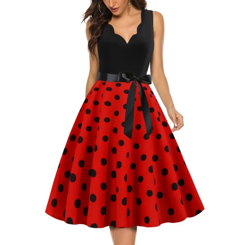 maoxiangshop Womens Retro Summer Dresses Robe Vintage Pinup 1950s 60s Rockabilly Sexy V-Neck Polka Dot Print Party Dress Vestido S-3XL