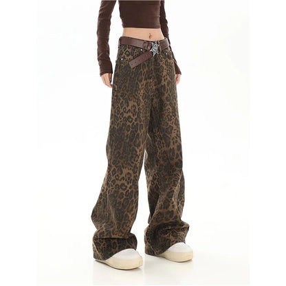 Women's Brown Jeans Leopard Print Retro Straight Tube Baggy Pants Fashion Street Fashion Y2K Jeans New Winter Leggings