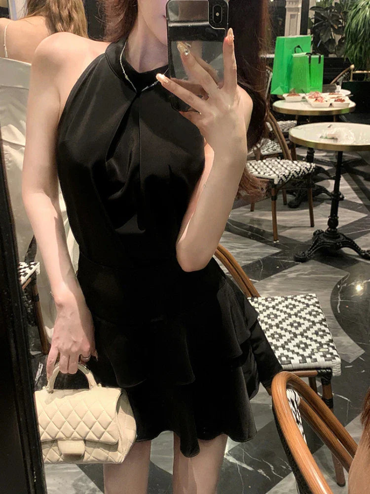 Elegant Satin 2 Piece Dress Set Women Summer Sleeveless Y2k Crop Tops + Mini Skirt Female Even Party Black Dress Korean