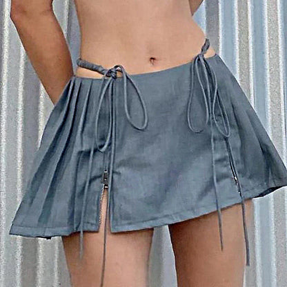 maoxiangshop -  New Y2k Mini Skirts 90s Cute Streetwear Casual Grey Pleated Skirts With Belt Hot Zipped A-Line Women Short Skirt Summer
