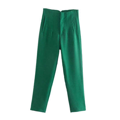 maoxiangshopWomen Light Blue Chic Fashion Office Wear Straight Pants Vintage High Waist Zipper Fly Female Trousers Fashion