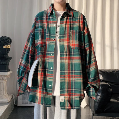 maoxiangshop Harajuku Long Sleeve Plaid Shirts Men Big Size M-5XL Autumn Chic Loose Vintage High Street All-match Gentleman Camisa