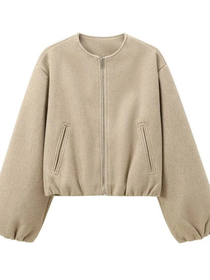 maoxiangshop  -  2024 Women's Fashion Autumn/Winter Soft Bomber Jacket Women Retro Round Neck Long Sleeve Elastic Hem Zipper Female Coat