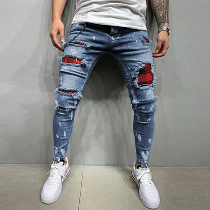 maoxiangshop Men Jeans Knee Hole Ripped Stretch Skinny Denim Pants Solid Color Black Blue Autumn Summer Hip-Hop Style Slim Fit Trousers S-4XL
