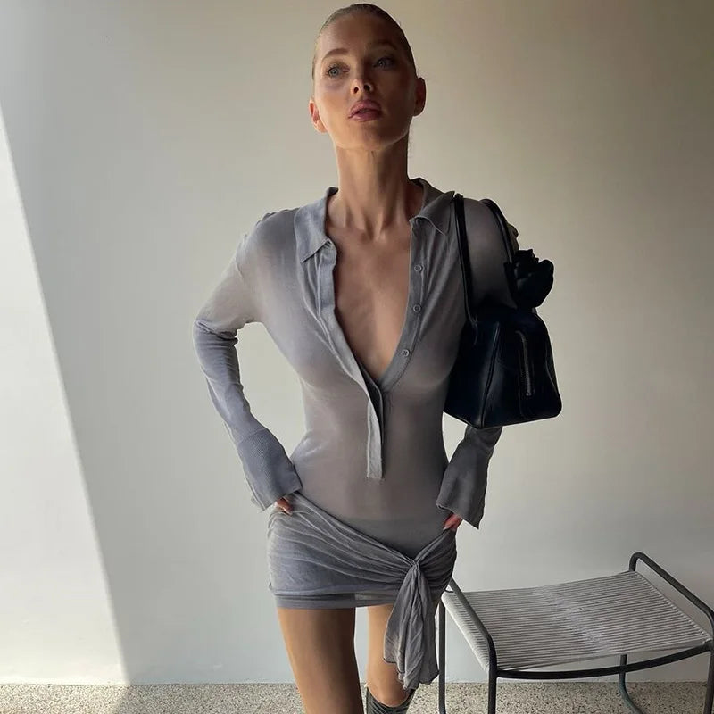 Elegant Turn-down Collar Mini Dress for Women Fashion Sexy Single Breasted Ruched Dress Autumn Long Sleeve Lace Up Slim Dress