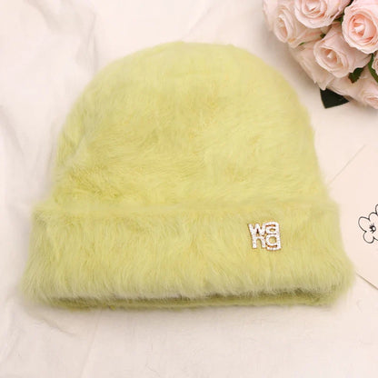 maoxiangshop New Fashion Rabbit Fur Y2k Beanies for Women Soft Warm Fluffy Angola Winter Hat Female Windproof Bonnet Hat Skullies Cap