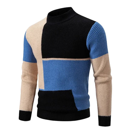 maoxiangshop Men's Autumn Winter New Mock Neck Pullovers Fashion Patchwork Knitted Warm Sweater Man Slim Fit Casual Knitwear Sweaters Tops