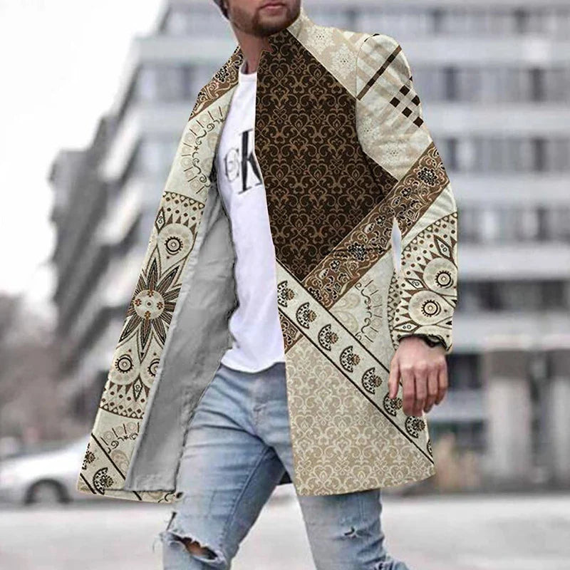 maoxiangshop WELL DRESSED MEN Autumn Winter Retro Print Woolen Coat Men Casual Single Breasted Lapel Long Sleeve Coat Men Fashion Loose Pocket Mid Long Jacket