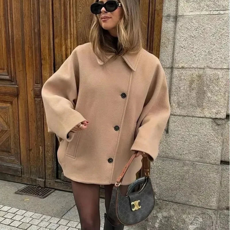 maoxiangshop  -  Vintage Diagonal Breasted Warm Loose Jacket Women Lapel Double Pocket Long Sleeve Solid Tops Outerwear Autumn Winter Female Coat
