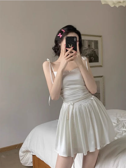 Korean Style One Piece White Satin Dress Women Y2k Fairycore Prom Gown Tunic Pleated Slip Mini Princess Dresses Summer