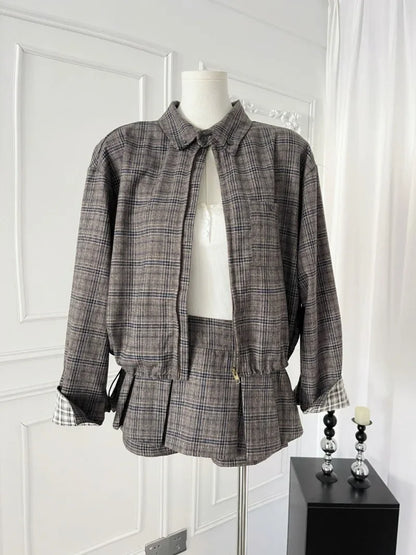 maoxiangshop  -  Sweet College Style Suit for Women, Plaid Loose Zipper Jacket, High Waist A-line Skirt, 2-Piece Set, Female Clothes, Autumn
