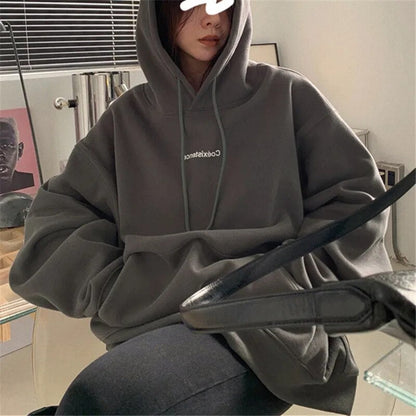 Autumn Women Kpop Loose Hooded Sweatshirts Thick Warm Pullovers Long Sleeve Couple Tops Harajuku Vintage Letter Printed Hoodies