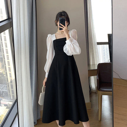 Korean Black Dress Women Elegant Fashion Summer Office Ladies High Waist Dress Chiffon Patchwork Square Collar A Line Vestidos