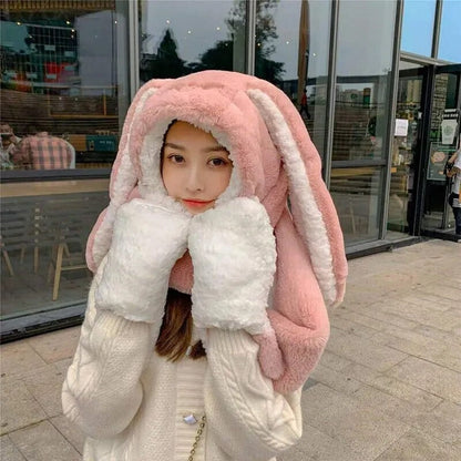 maoxiangshop New Fashion Scarf Hat Glove Women Cute Big Ear Bunny Beanie Winter Warm Soft Thickening Pocket Warm Ear Hats Hooded Skullie