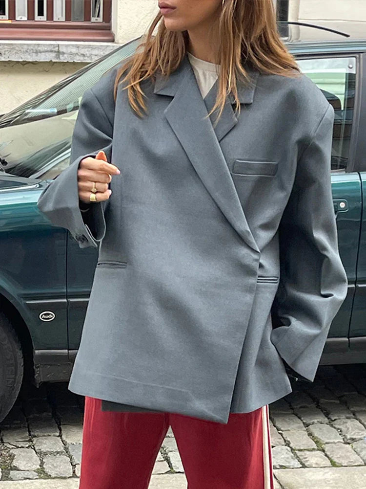 maoxiangshop  -  Loose Slanted Placket Suit Jacket Women Autumn Oversize Solid Suits Coat Female Elegant Casual Hidden Button Lapel Slit Coats