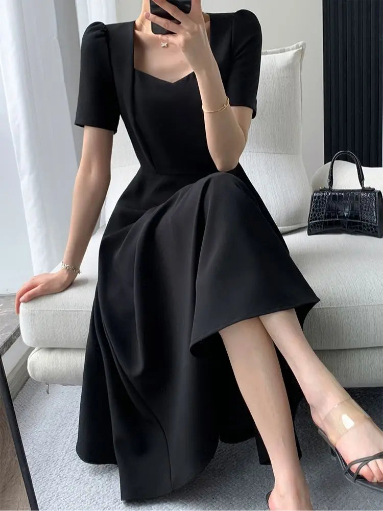 Women  Summer New Elegant Midi Black Dress Solid A Line Femme Fashion Office Lady Clothing Vestidos