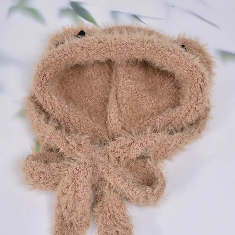 maoxiangshop  -  Winter Fur Hat Cat Women Ears Bow Knitted Beanies with Strap Outdoor Windproof Warm Thickened Bonnet Fashion Ear Protection Caps