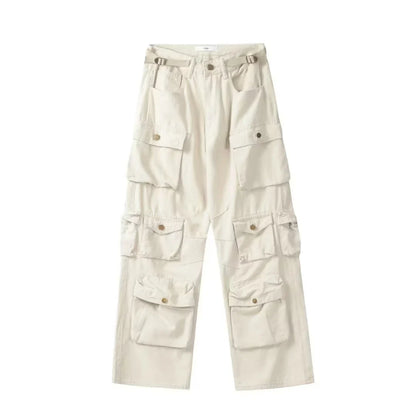 maoxiangshop Spring Cargo pants New Popular Rice White Multi-pockets Overalls Harajuku stays Men Loose Casual Trousers Straight Mopping Pants