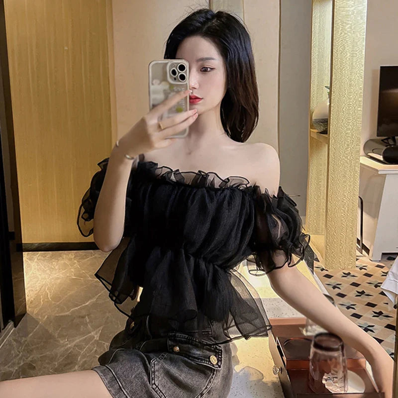 maoxiangshop Short Puff Mesh Sleeves Women's Off shoulder Chiffon Top Lace Sweet Square Neck Sexy Sweet Spring Summer Casual Streetwear