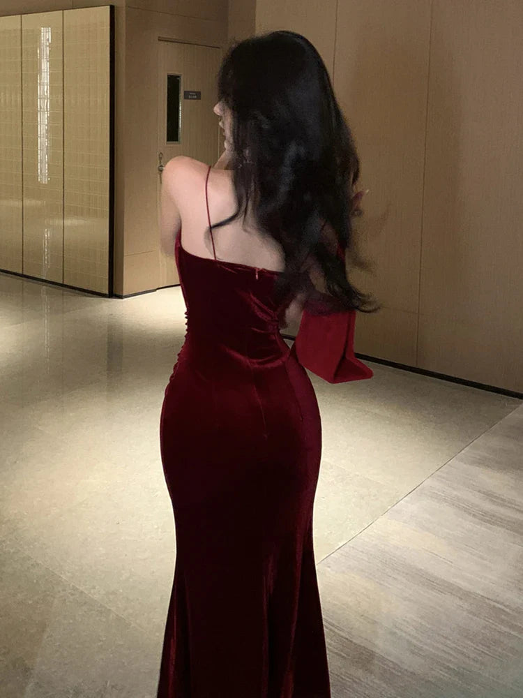 maoxiangshop Vintage Sexy Prom Red Long Dresses for Women Spaghetti Strap Slit Velvet Beach Bandage Bodycon Midi Dress Party Elegant  New