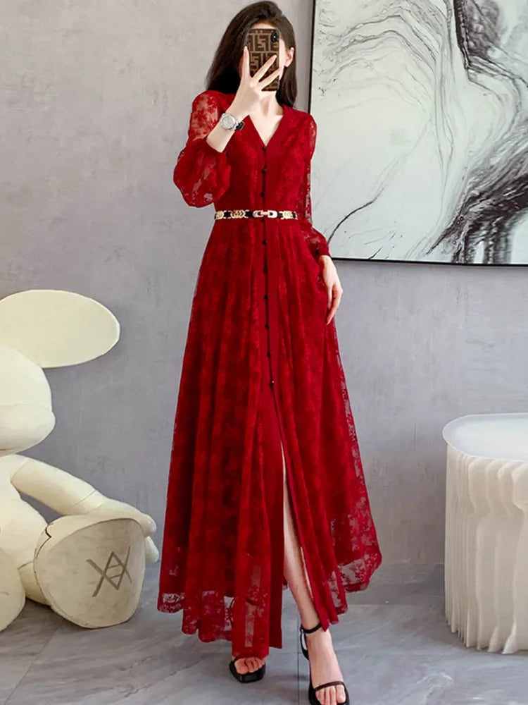 maoxiangshop Designer Fashion Autumn Dress Women Sexy V Neck Full Sleeve Red Lace Hollow Out Flower Elegant Long Dresses With Belt