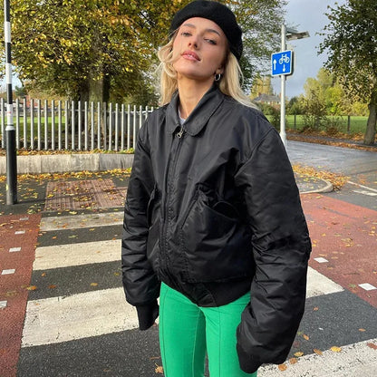 maoxiangshop  -  Autumn and Winter New Fashion Casual Lapel Stitching Jacket Loose Zipper Lapel Warm Jacket Casual Top women clothes