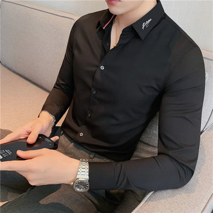 maoxiangshop British Style Men Long Sleeved Shirt Autumn Anti-wrinkle Soft Solid Casual Elastic Slim Fit Camisas Y Blusas Men Clothing