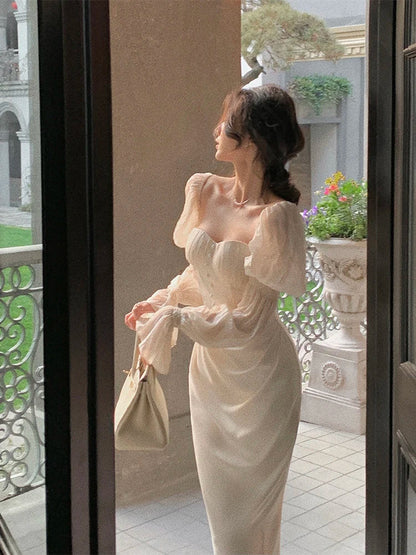 Vintage Women Fashion Elegant Puff Sleeve Midi Corset Maxi Dresses Evening Prom Female Party Lady Clothes Vestdios Summer