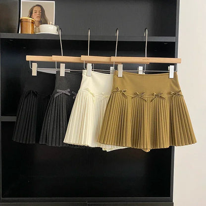 maoxiangshop Preppy Style Mini Skirt Women High Waist A-line Bow Female Pleated Skirts with Shorts Korean Fashion Autumn Skirts