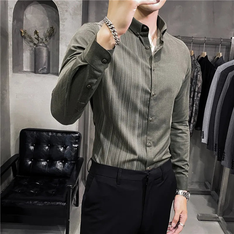 maoxiangshop Mens Shirts Autumn New Long Sleeve Stripe Dress Shirt Solid Casual Formal Wear Slim Fit Chemise Homme Camisas Men Clothing