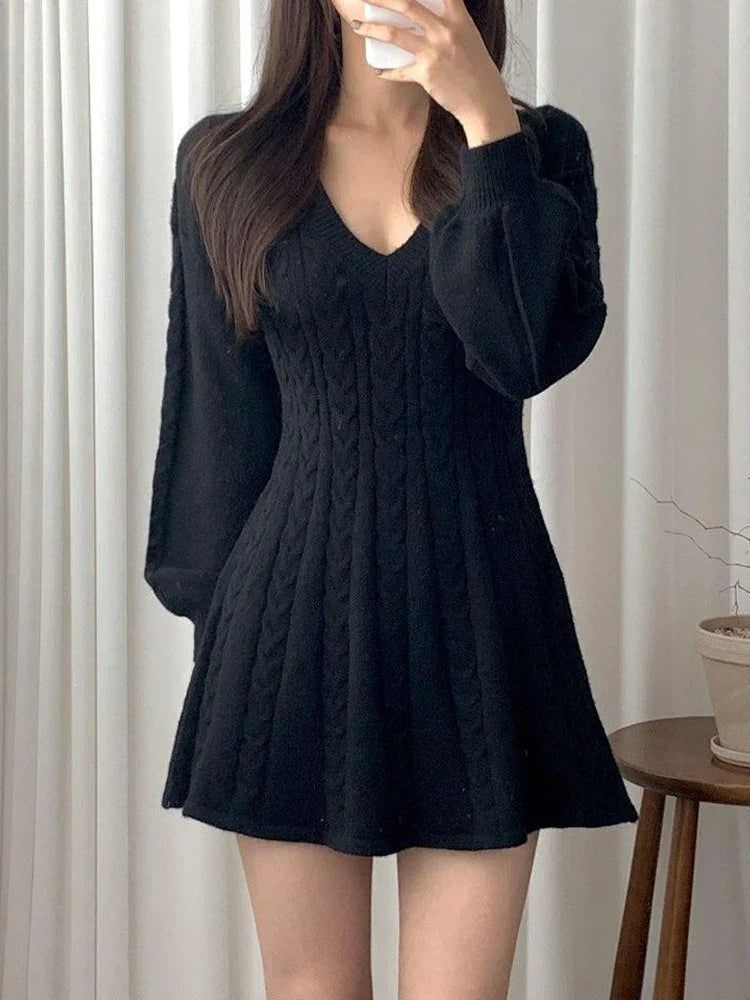 Knitted Mini Dresses Women Autumn Winter Lantern Sleeve V Neck Sweater Dress Female Korean Fashion Preppy Style Casual Dresses